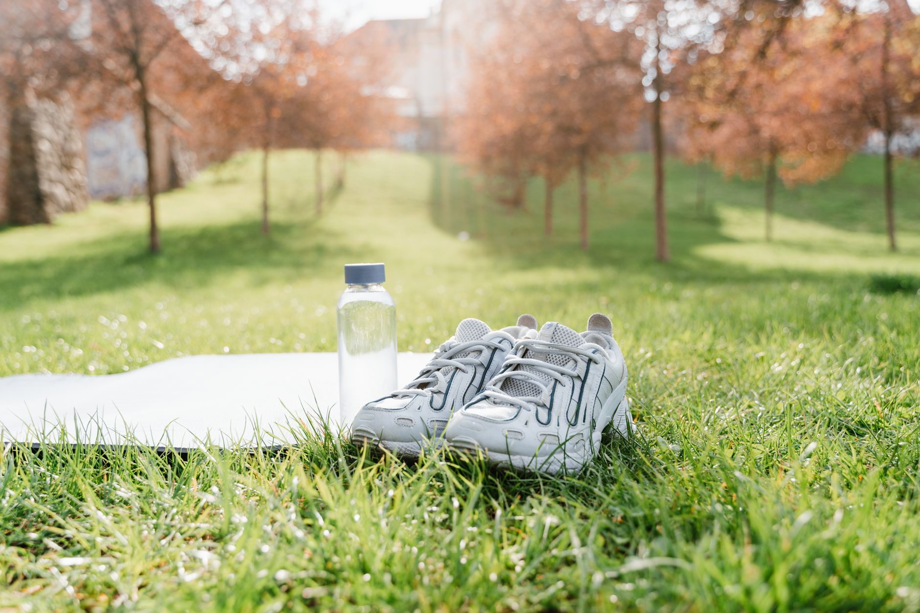 A serene sunrise over a garden with a yoga mat, a water bottle, and a small open Bible placed beside them, illustrating a blend of physical and spiritual prenatal practices