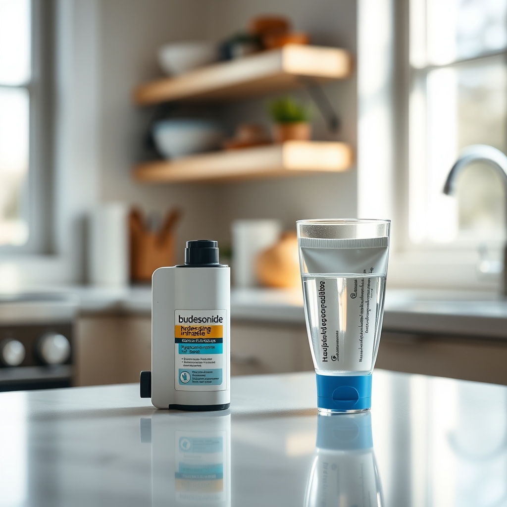 a tidy kitchen counter with a glass of water, a bottle of budesonide inhaler, and a small box of hydrocortisone cream, natural morning light illuminating the scene