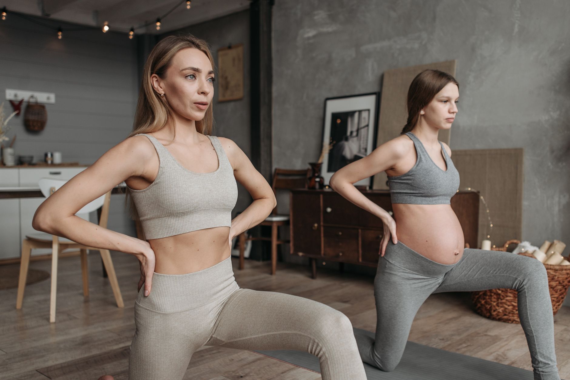 a calm prenatal yoga class with pregnant participants using gentle stretches, illustrating a non‑medication alternative for headache relief