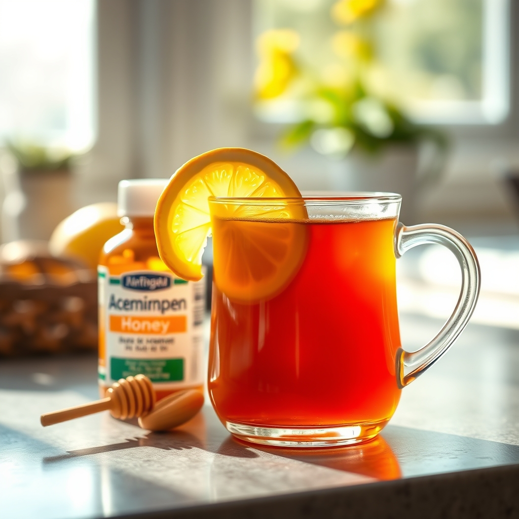 a warm mug of herbal tea with a lemon slice and honey drizzle, placed on a kitchen counter beside a small bottle of acetaminophen, bright morning light