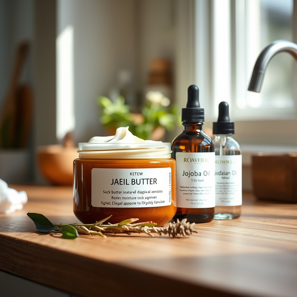 A collection of natural moisturizers: a small jar of shea butter, a bottle of jojoba oil, and a glass dropper of hyaluronic acid serum, arranged on a wooden countertop to illustrate pregnancy‑safe DIY options