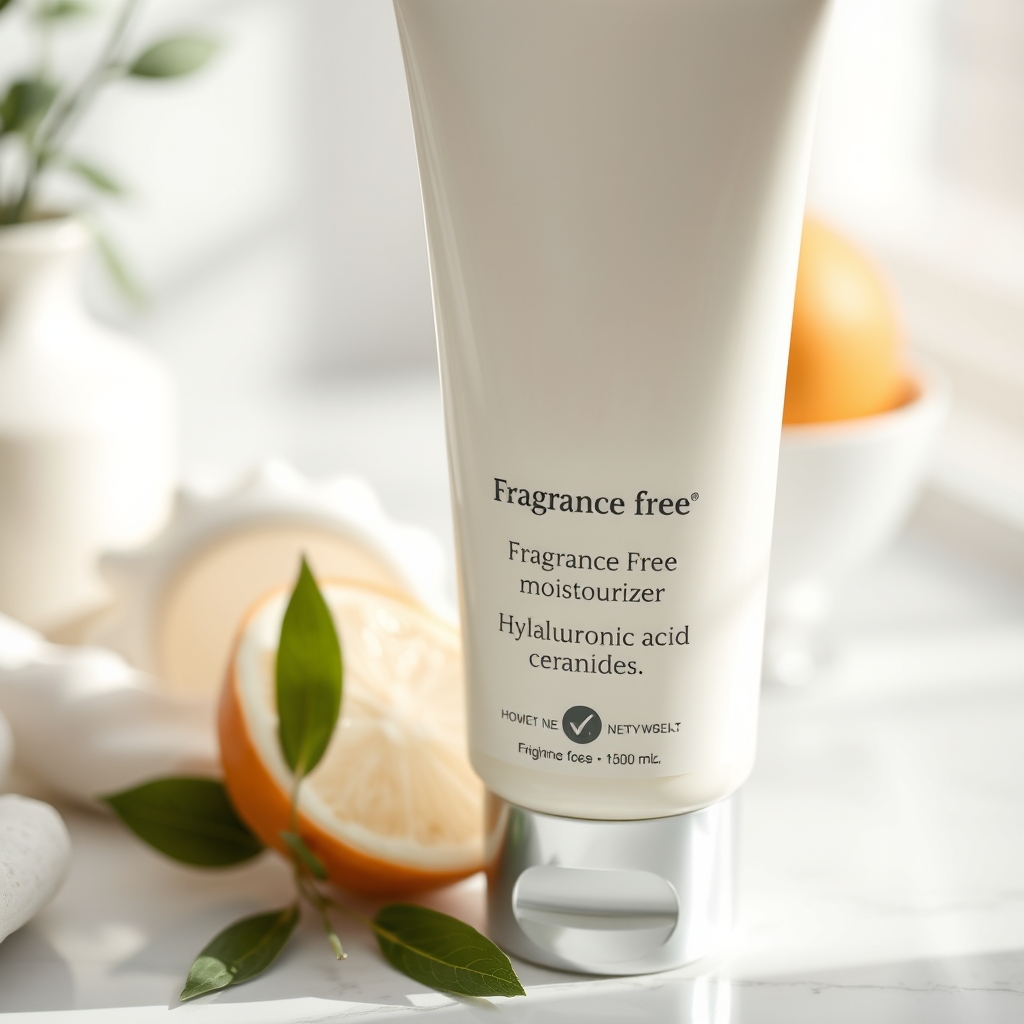 Close‑up of a moisturizer tube labeled 'Fragrance‑Free' with a clear ingredient list showing hyaluronic acid and ceramides, emphasizing a pregnancy‑friendly label