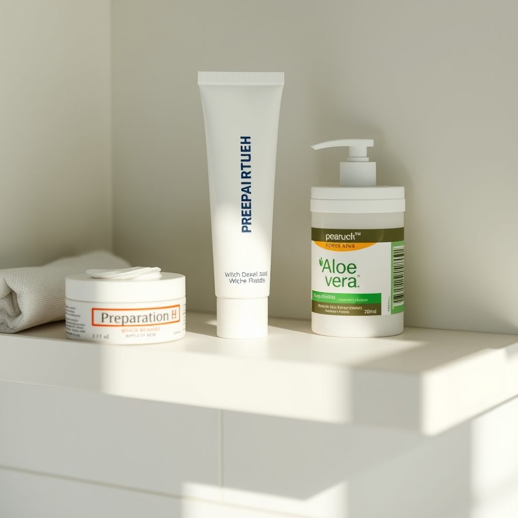 A tidy bathroom shelf displaying a variety of hemorrhoid relief products, including a tube of Preparation H, a pack of Tucks witch hazel pads, and a small jar of Aloe vera gel, soft natural lighting emphasizing the product labels