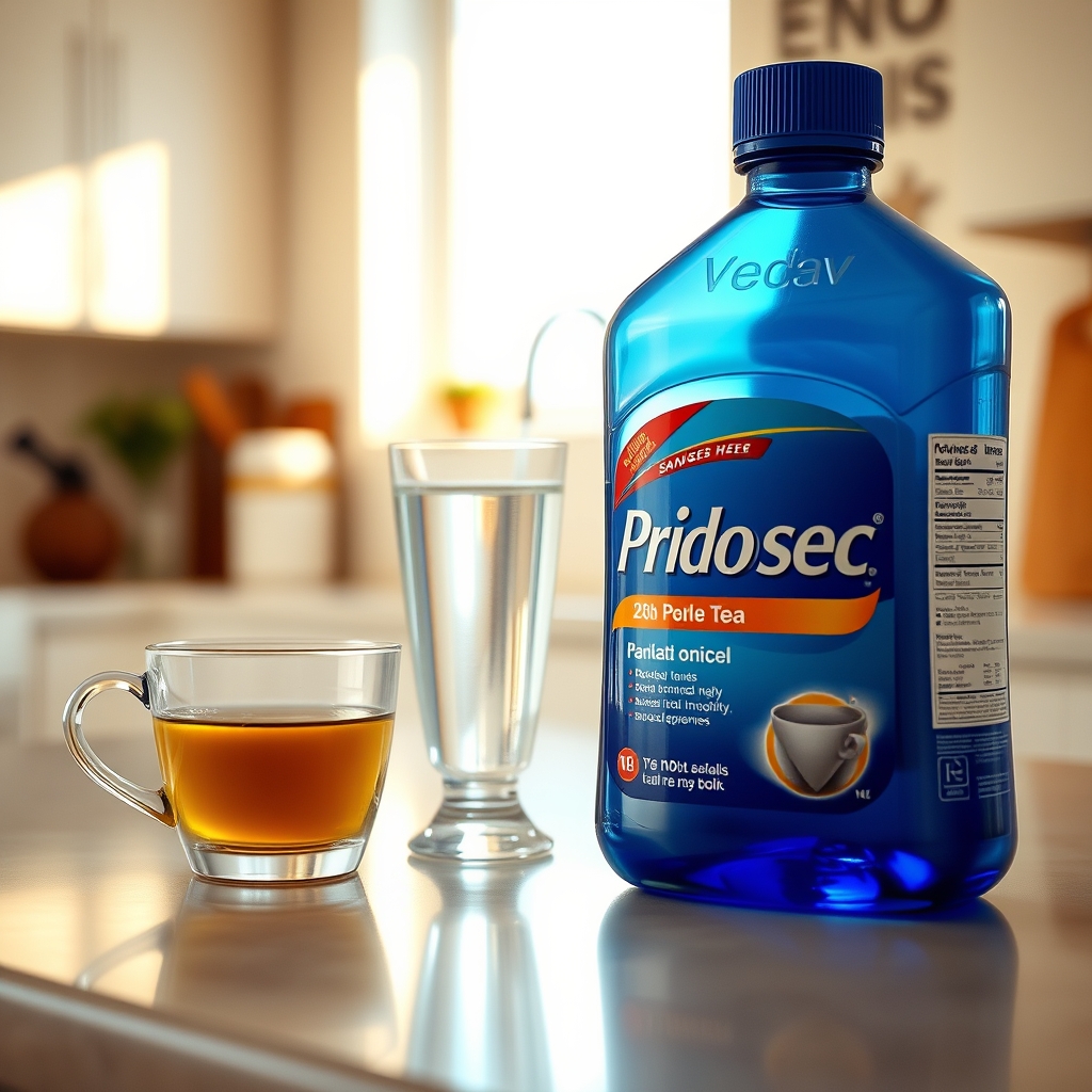 a kitchen counter with a glass of water, a half‑filled Prilosec bottle, and a small plate of ginger tea, bright daylight