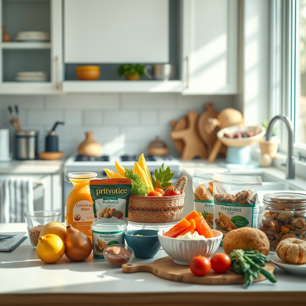 a bright kitchen countertop displaying a variety of probiotic foods: yogurt, kefir bottle, a small jar of pasteurized sauerkraut, and a probiotic supplement bottle