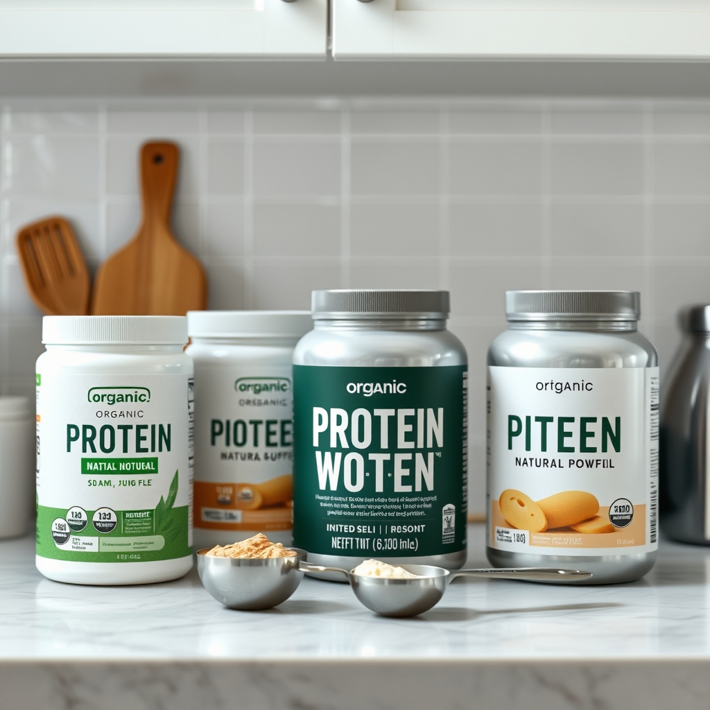 Assortment of pregnancy‑safe protein powders on a kitchen counter, each with clear labeling, natural lighting, and a measuring scoop beside them