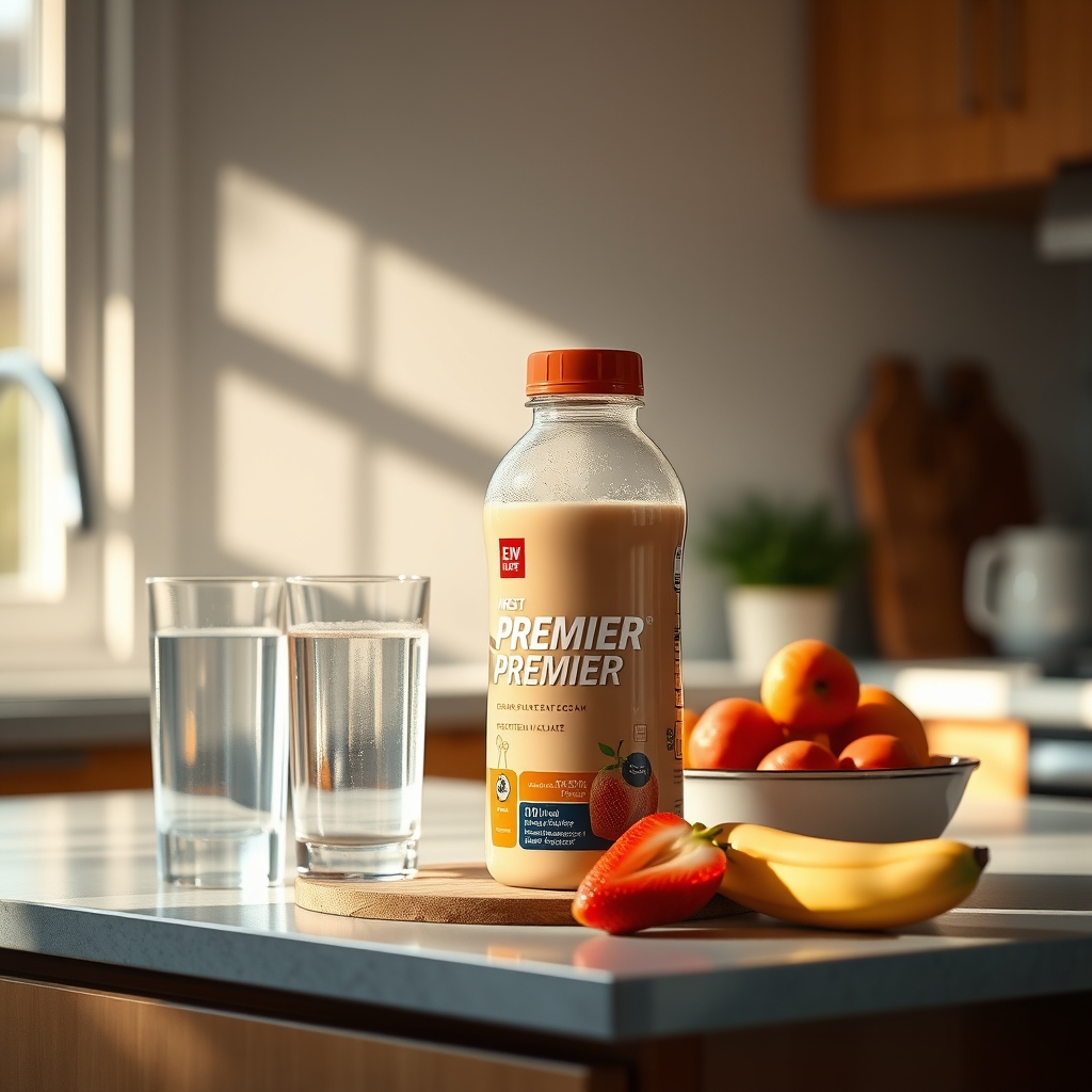 Protein Shake Premier bottle next to a glass of water on a kitchen counter, soft morning light highlighting the label and a fresh fruit garnish