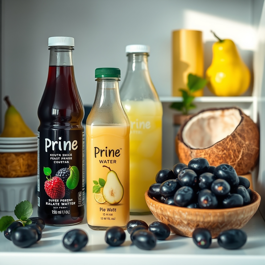 A tidy pantry shelf displaying bottles of prune juice, pear juice, and coconut water, with a small bowl of fresh prunes beside them, soft daylight streaming in