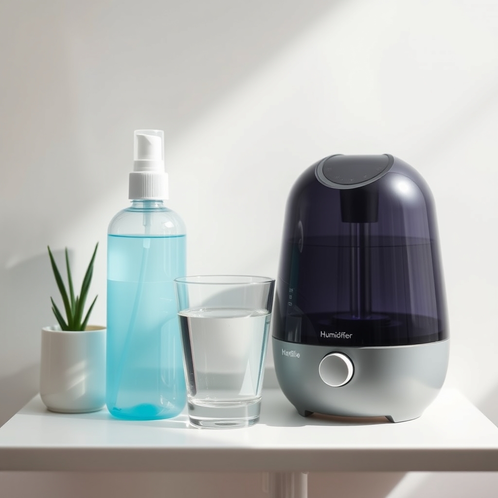 a tidy bathroom shelf with a bottle of saline nasal spray, a small humidifier, and a glass of water, illustrating drug‑free congestion relief options