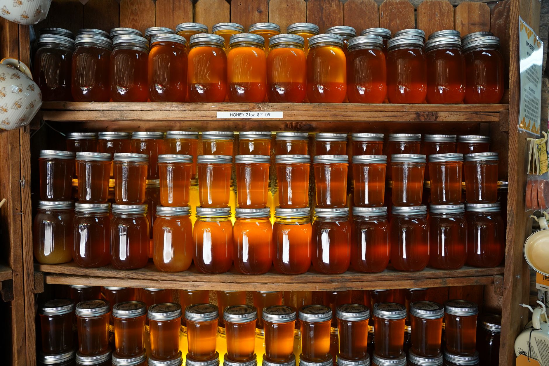 a tidy kitchen pantry shelf showing a glass jar of raw honey alongside a small bowl of fresh fruit, emphasizing proper storage and easy access for pregnant cooks