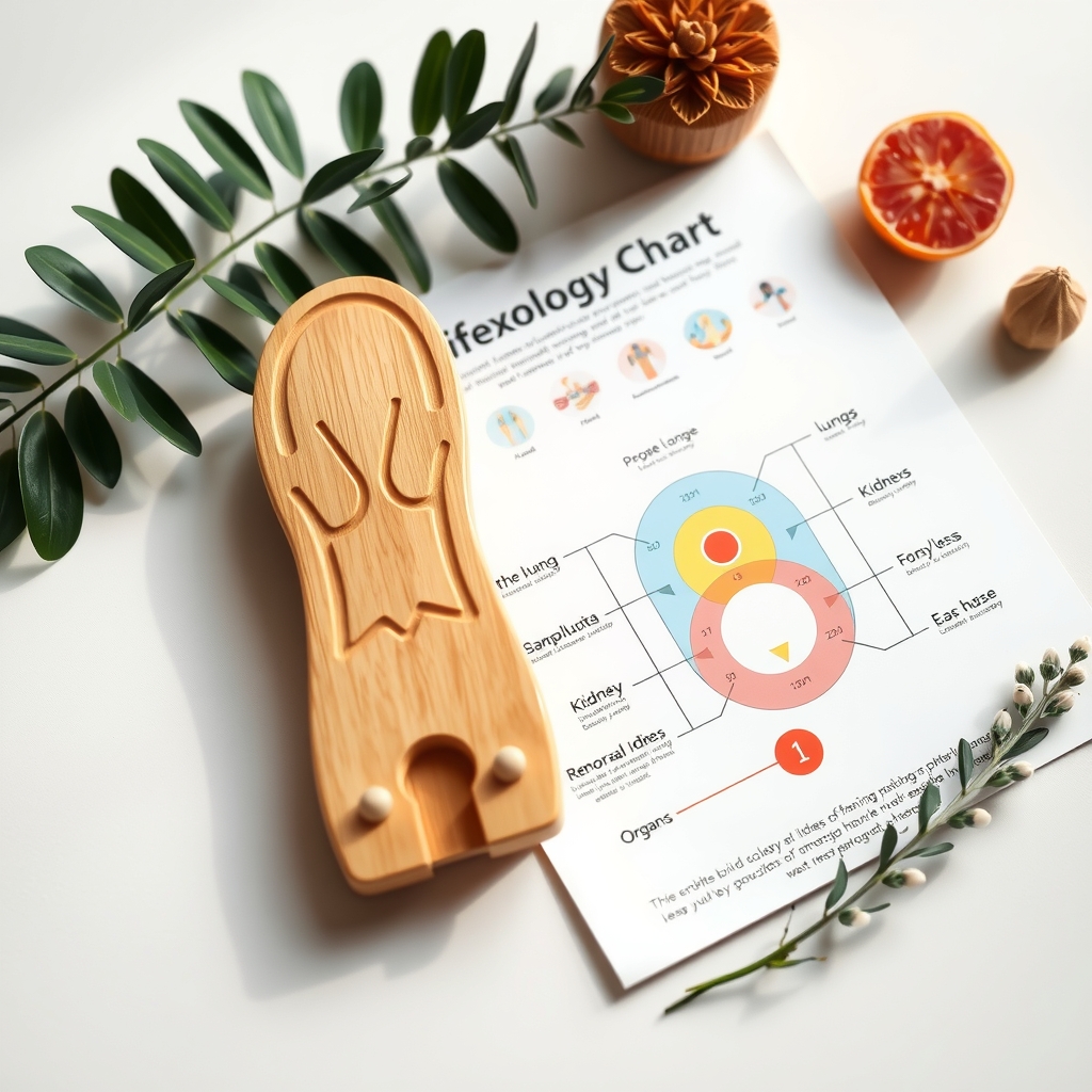 A reflexology tool and a reflexology chart showing foot zones for organs like the lungs, kidneys, and reproductive system