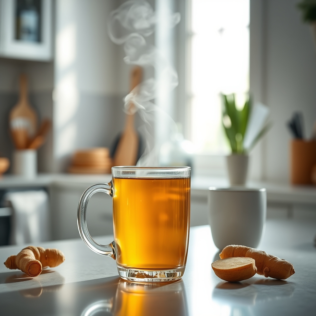 A soothing cup of ginger tea on a kitchen counter, representing a natural alternative to medication for nausea during pregnancy