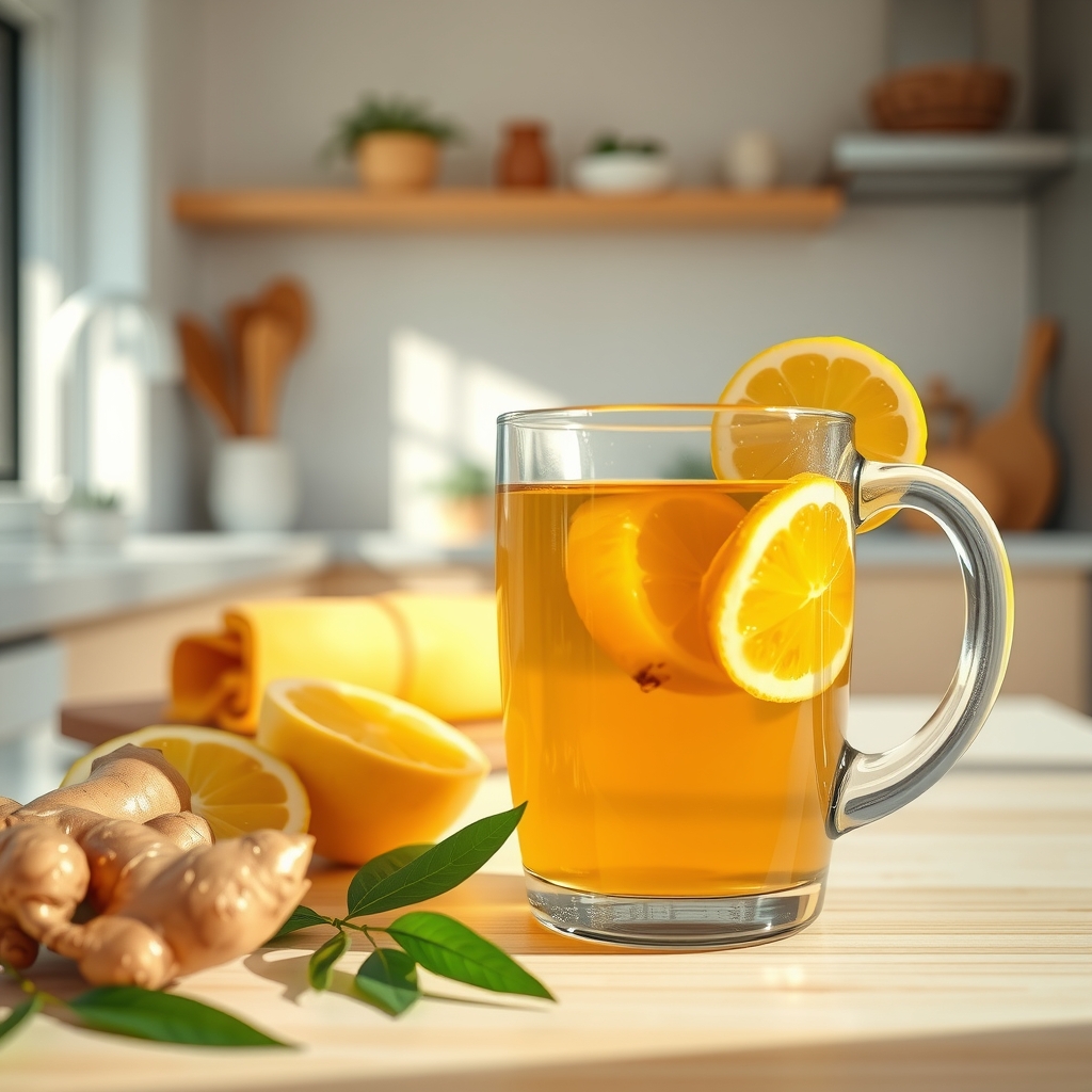 A steaming cup of ginger tea with lemon slices, placed on a bright kitchen counter, evoking a comforting, pregnancy‑friendly remedy