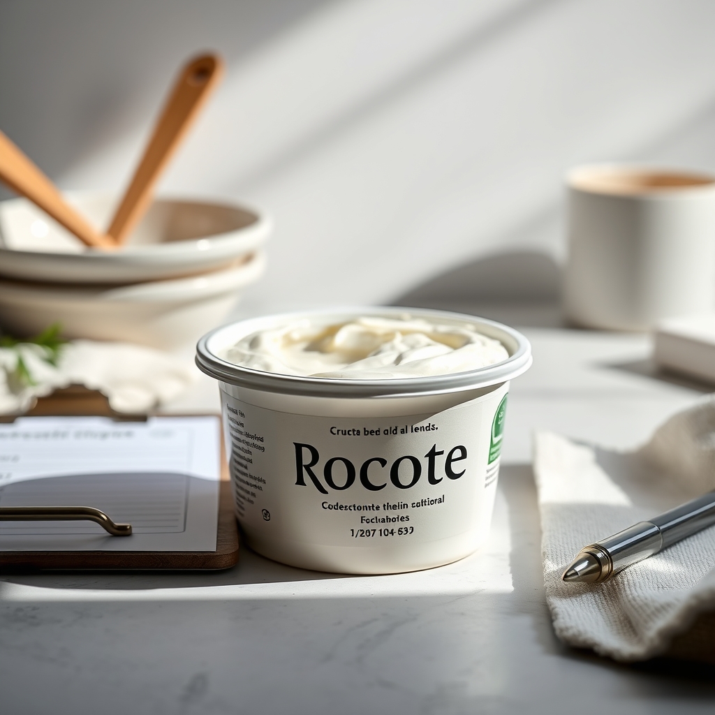 A close‑up of a labeled pasteurized ricotta cheese container on a pantry shelf, with a small clipboard showing a checklist for safe dairy consumption during pregnancy