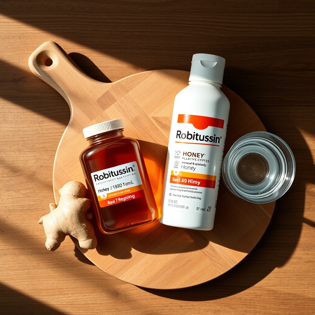 A wooden board displaying a glass of water, a bottle of plain Robitussin, a jar of honey, and fresh ginger root, styled with soft natural light