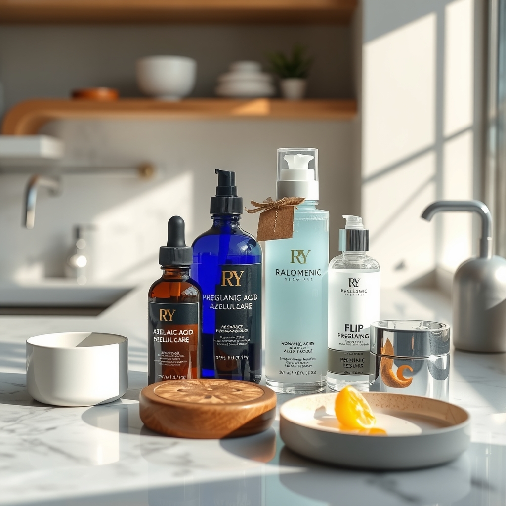 A collection of pregnancy‑safe skincare products on a marble countertop, featuring azelaic acid cream, glycolic acid toner, and a bottle of hyaluronic acid serum, soft natural lighting emphasizing the product textures