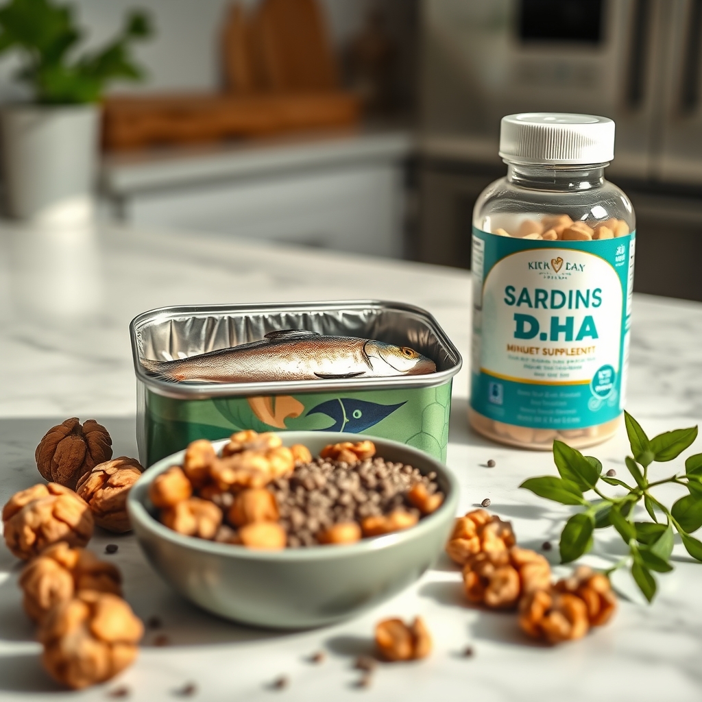a selection of omega‑3 rich foods including sardines, walnuts, chia seeds, and a bottle of algae DHA supplement, showing pregnancy‑friendly alternatives to salmon