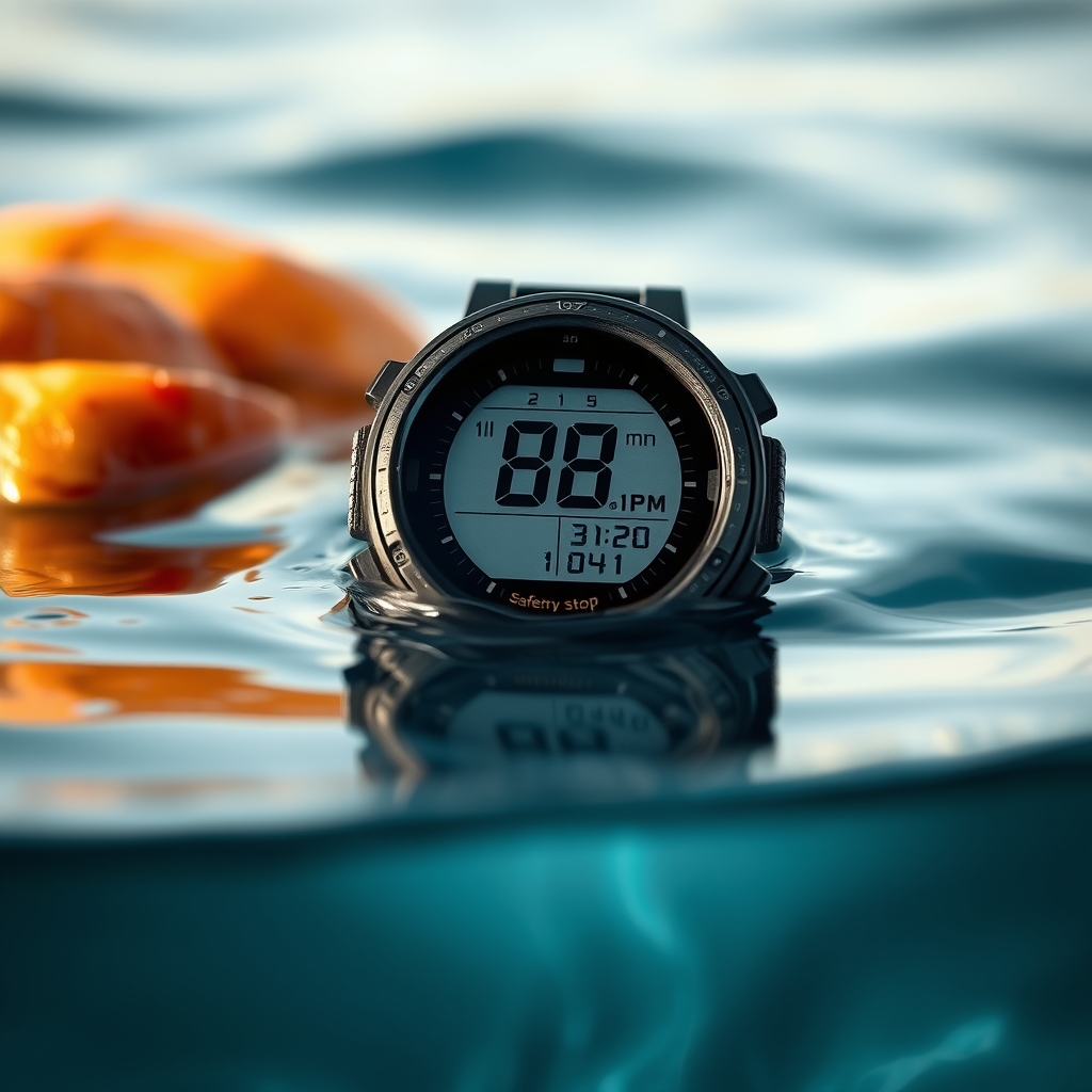 close-up of a dive computer displaying depth, time, and a safety stop reminder, with a gentle color palette suitable for a pregnancy health guide