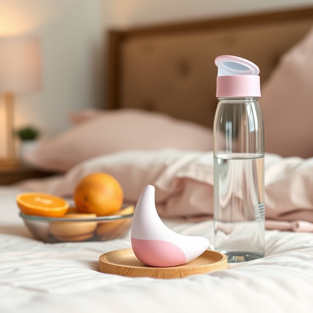 a close‑up of a small, pregnancy‑safe silicone vibrator placed on a soft pillow beside a bottle of water, suggesting gentle intimacy