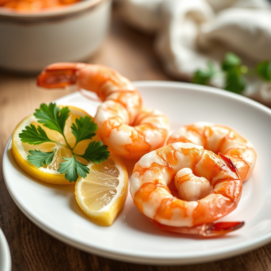 A bowl of peeled cooked shrimp beside a lemon wedge and fresh herbs, illustrating a safe, pregnancy‑friendly seafood dish, bright natural lighting, clean plating, and a focus on healthy ingredients