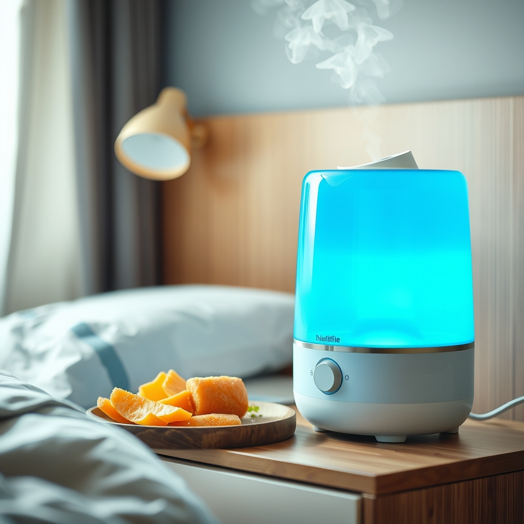 a close‑up of a humidifier on a bedside table, gentle mist rising, illustrating a pregnancy‑friendly way to ease sinus congestion without medication