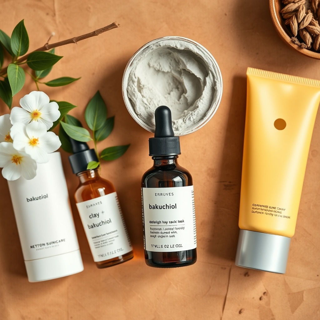 An array of natural and mineral-based skincare alternatives, including a bottle of bakuchiol serum, a jar of clay mask, and a tube of mineral sunscreen, on a rustic wooden table.