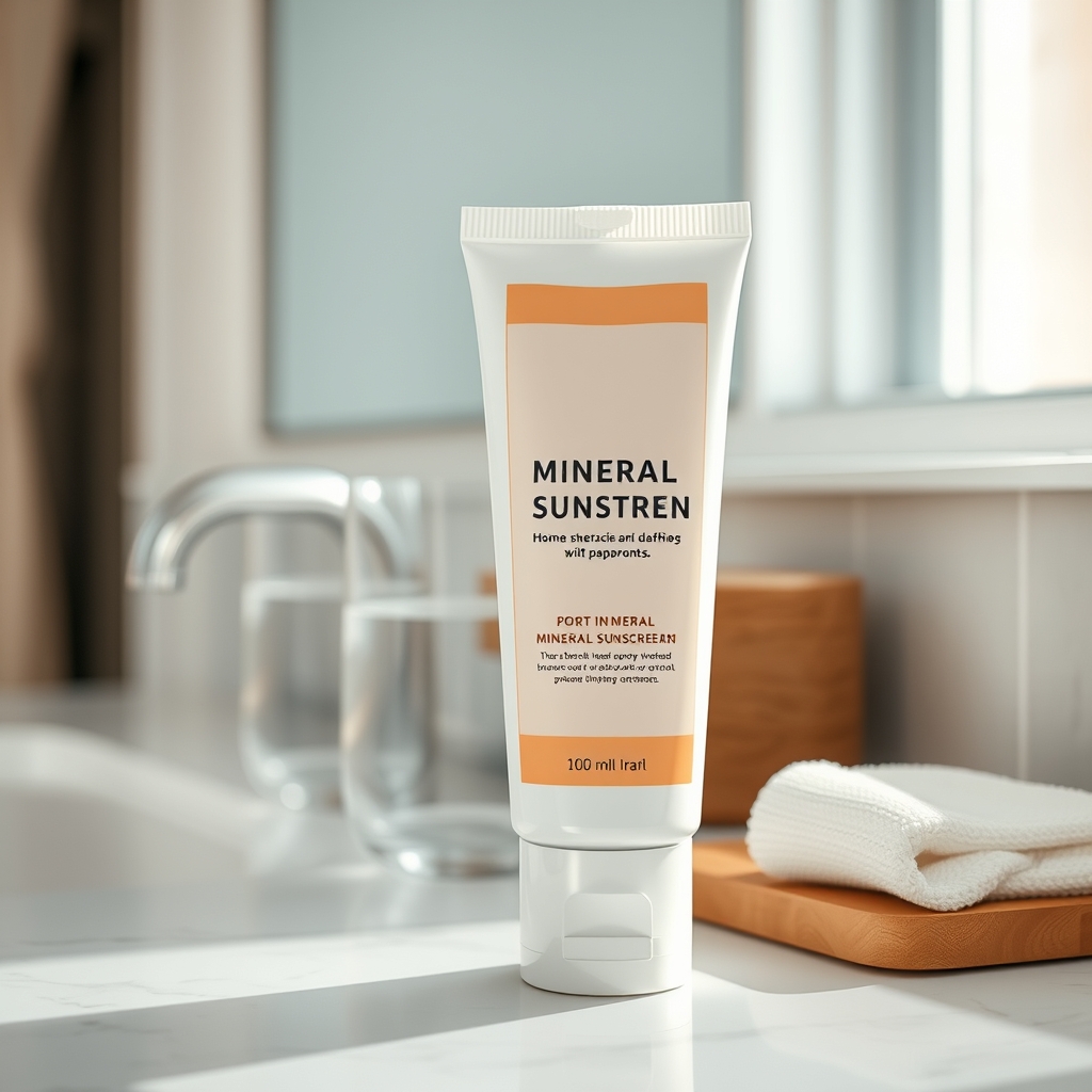 close‑up of a mineral sunscreen tube with a soft pastel label, placed next to a glass of water on a bathroom counter, natural daylight highlighting the product