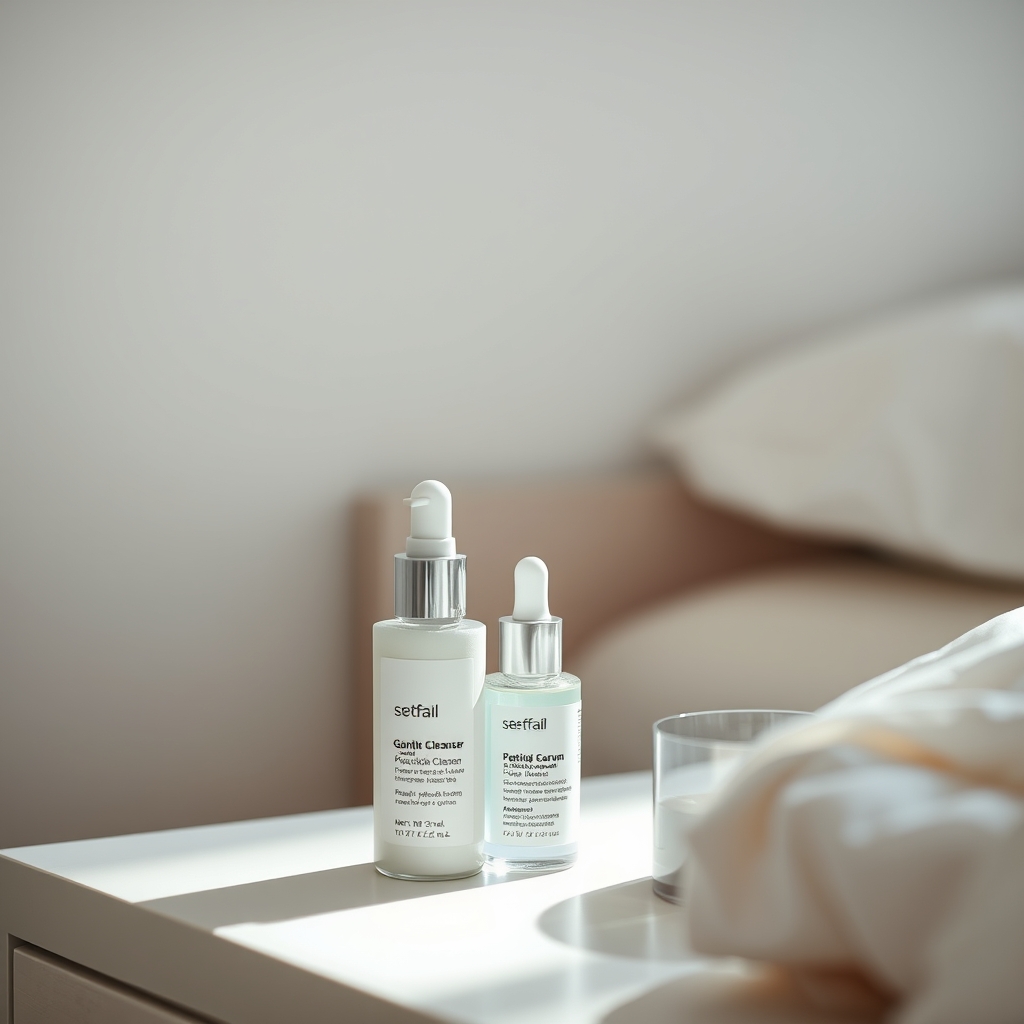A serene bedroom nightstand featuring a pregnancy‑safe nighttime skincare routine: a gentle cleanser, a peptide serum, and a fragrance‑free moisturizer.