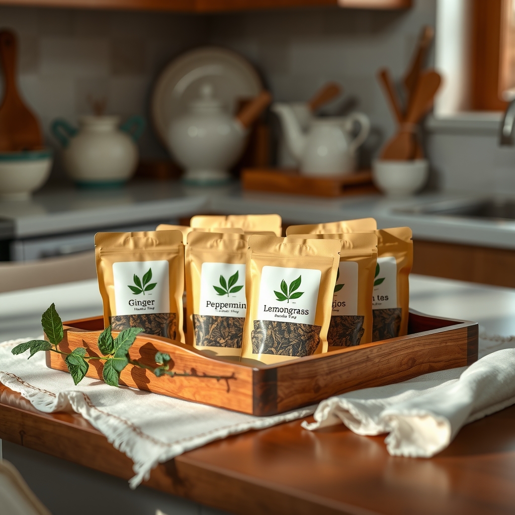 a selection of pregnancy‑safe herbal teas on a wooden tray, including ginger, peppermint, rooibos, and lemongrass, with a soft pastel background