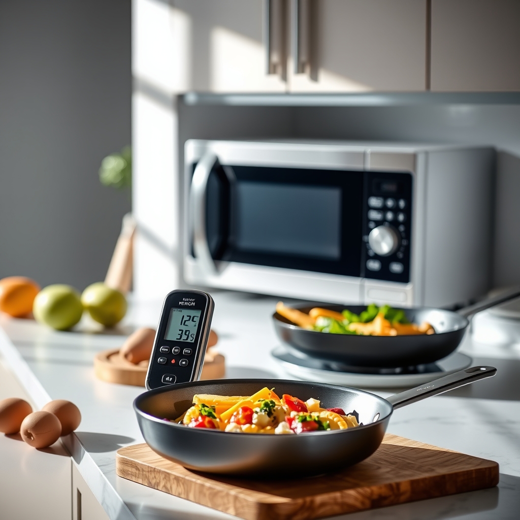 A kitchen counter with a microwave, a skillet, and a food thermometer, illustrating safe reheating methods for smoked salmon during pregnancy