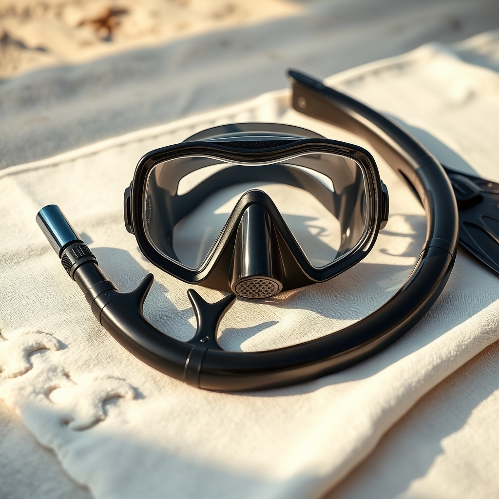 a sleek snorkel set with mask, snorkel tube, and flexible fins arranged on a beach towel, soft natural lighting highlighting the equipment