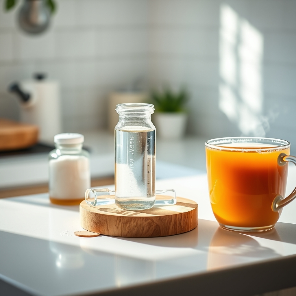 A collection of natural sore throat remedies on a kitchen counter, including honey, a glass of warm water, a salt shaker, and a steaming mug of ginger tea, illustrating pregnancy‑friendly alternatives