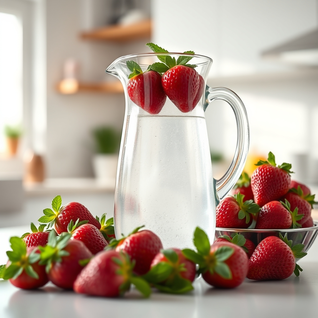A pitcher of water infused with fresh strawberries and mint leaves, illustrating a natural alternative to flavored sparkling water for pregnancy hydration