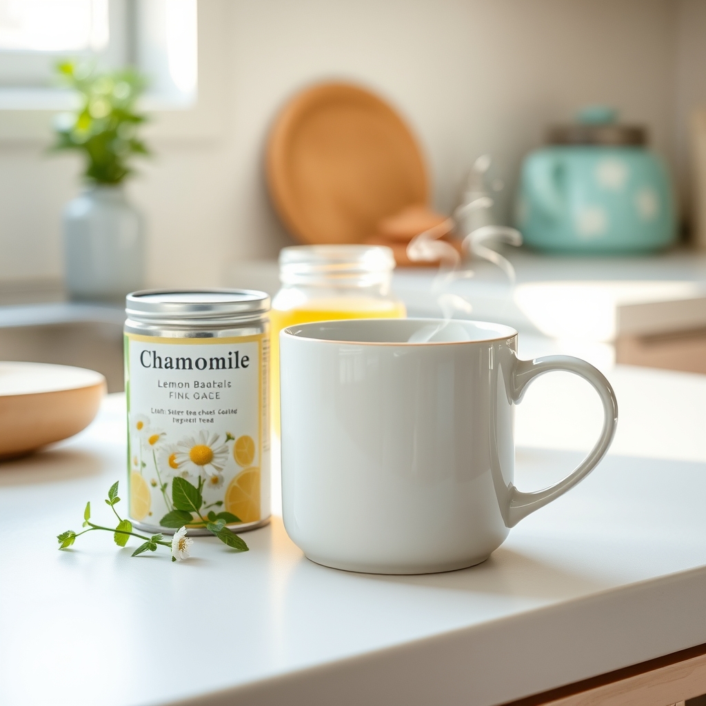 A collection of pregnancy‑safe herbal teas, including chamomile and lemon balm, arranged on a pastel kitchen countertop