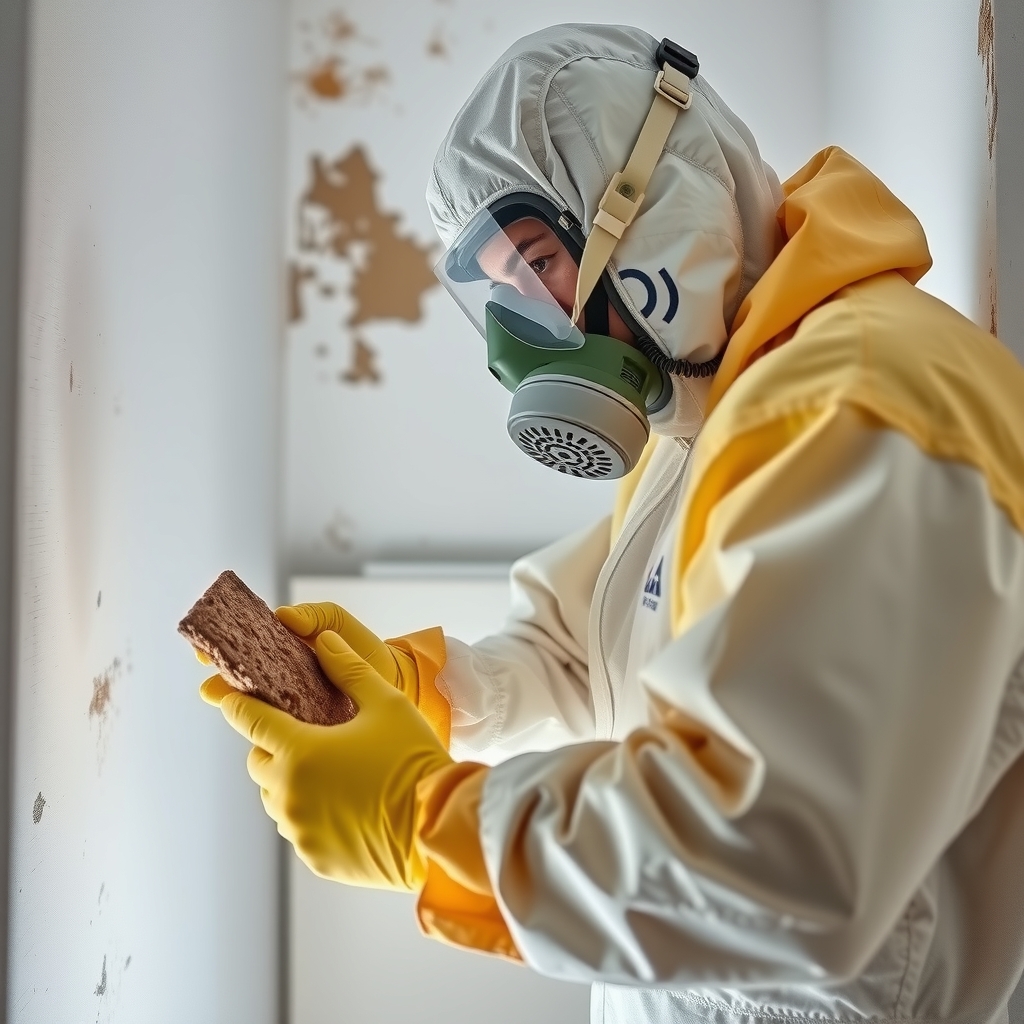 A professional mold remediation technician in a full hazmat suit and respirator, carefully removing moldy drywall in a contained area of a home