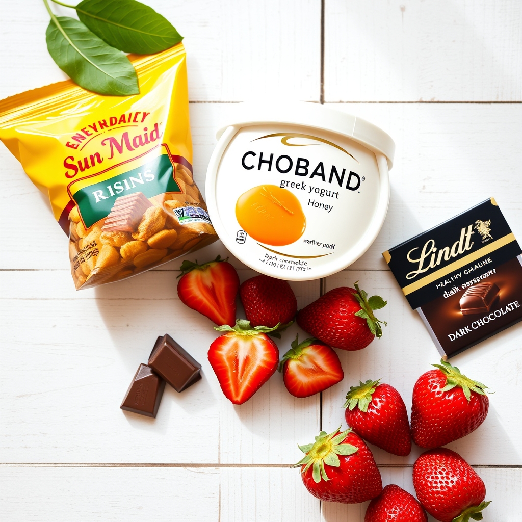 a selection of pregnancy‑friendly snack alternatives including raisins, yogurt, and dark chocolate, arranged on a wooden board for a healthy snack spread