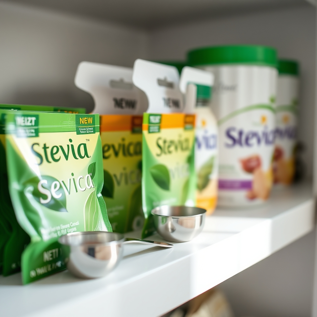 a pantry shelf displaying several stevia packets from different reputable brands, each labeled clearly, with a small measuring spoon beside them