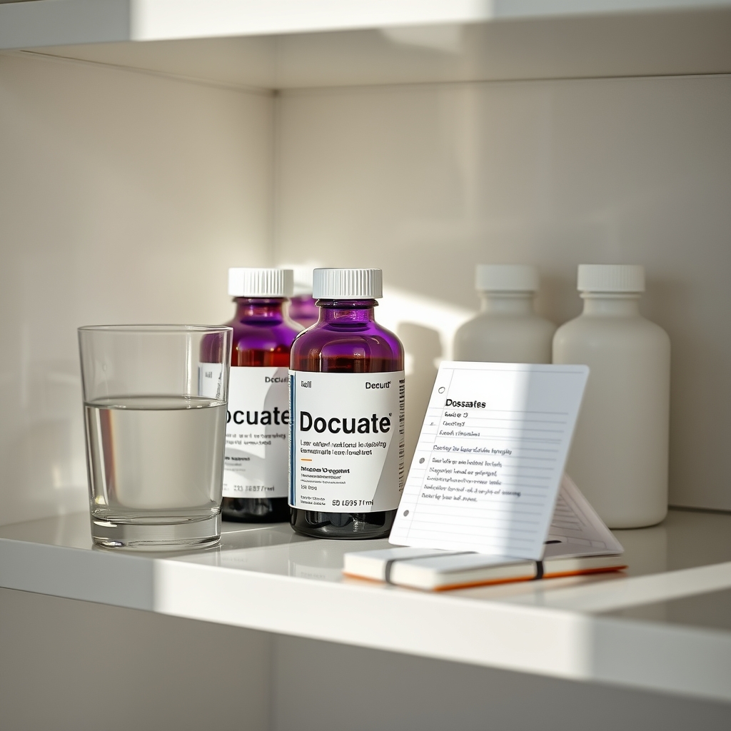 a tidy bathroom shelf with several docusate products, a glass of water, and a small notebook noting dosage, bright natural light highlighting a calm, organized space