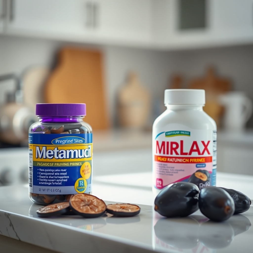 A glass jar of Metamucil fiber supplement, a bowl of fresh prune slices, and a bottle of MiraLAX on a kitchen counter, bright natural light highlighting healthy alternatives for constipation relief during pregnancy