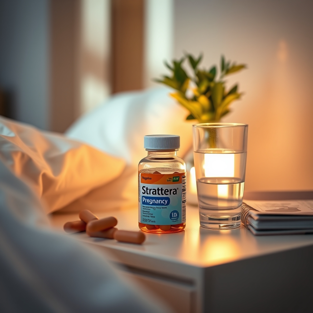 a calm bedroom nightstand with a bottle of Strattera, a glass of water, and a pregnancy planner, soft lamp light creating a soothing atmosphere