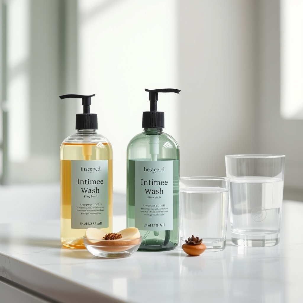 a collection of pregnancy‑safe intimate hygiene products on a bathroom counter, featuring unscented bottles and a glass of water, highlighting safer alternatives to Summer's Eve Wash