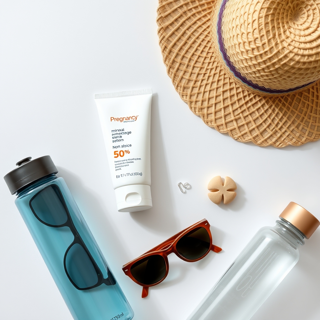 A beautifully arranged flat lay of pregnancy-safe items: a small tube of mineral sunscreen, a wide-brimmed straw hat, a pair of stylish sunglasses, and a bottle of water on a light, textured background.