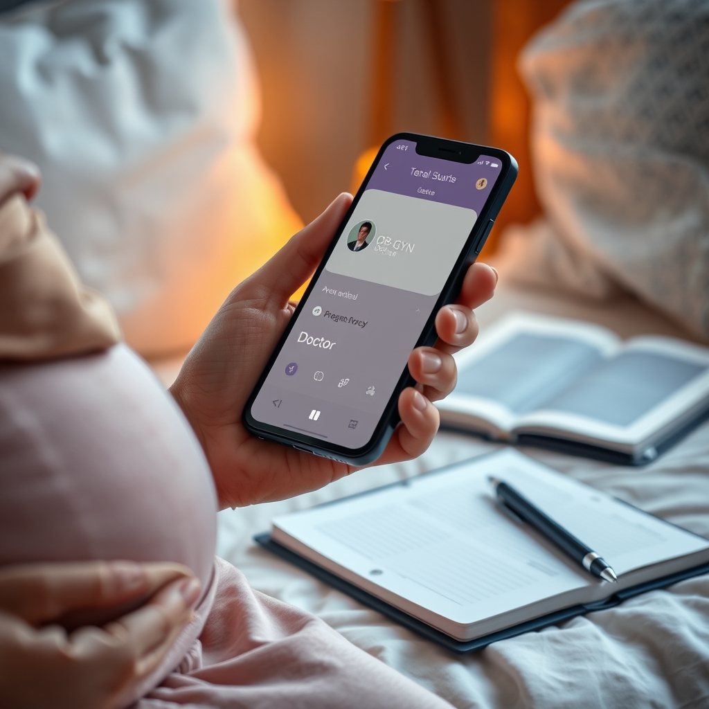 A pregnant person's hand holding a phone, displaying a doctor's contact information, next to a pregnancy journal and a pen on a nightstand.