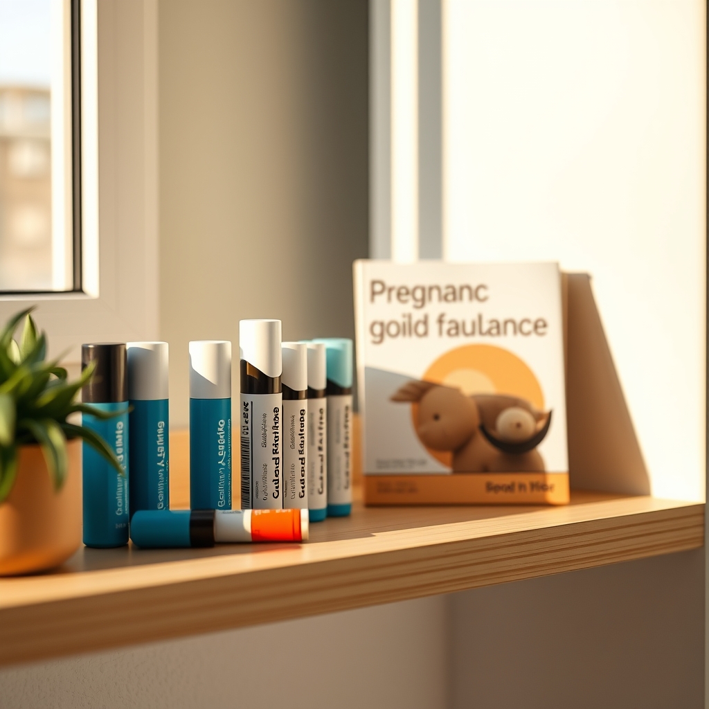 a neatly organized shelf displaying various asthma inhalers and a pregnancy guidebook, soft natural lighting highlighting the products