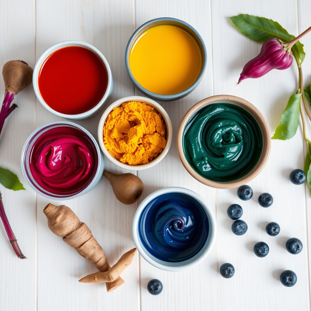 a colorful spread of natural food dyes made from beet juice, turmeric, spirulina, and blueberries