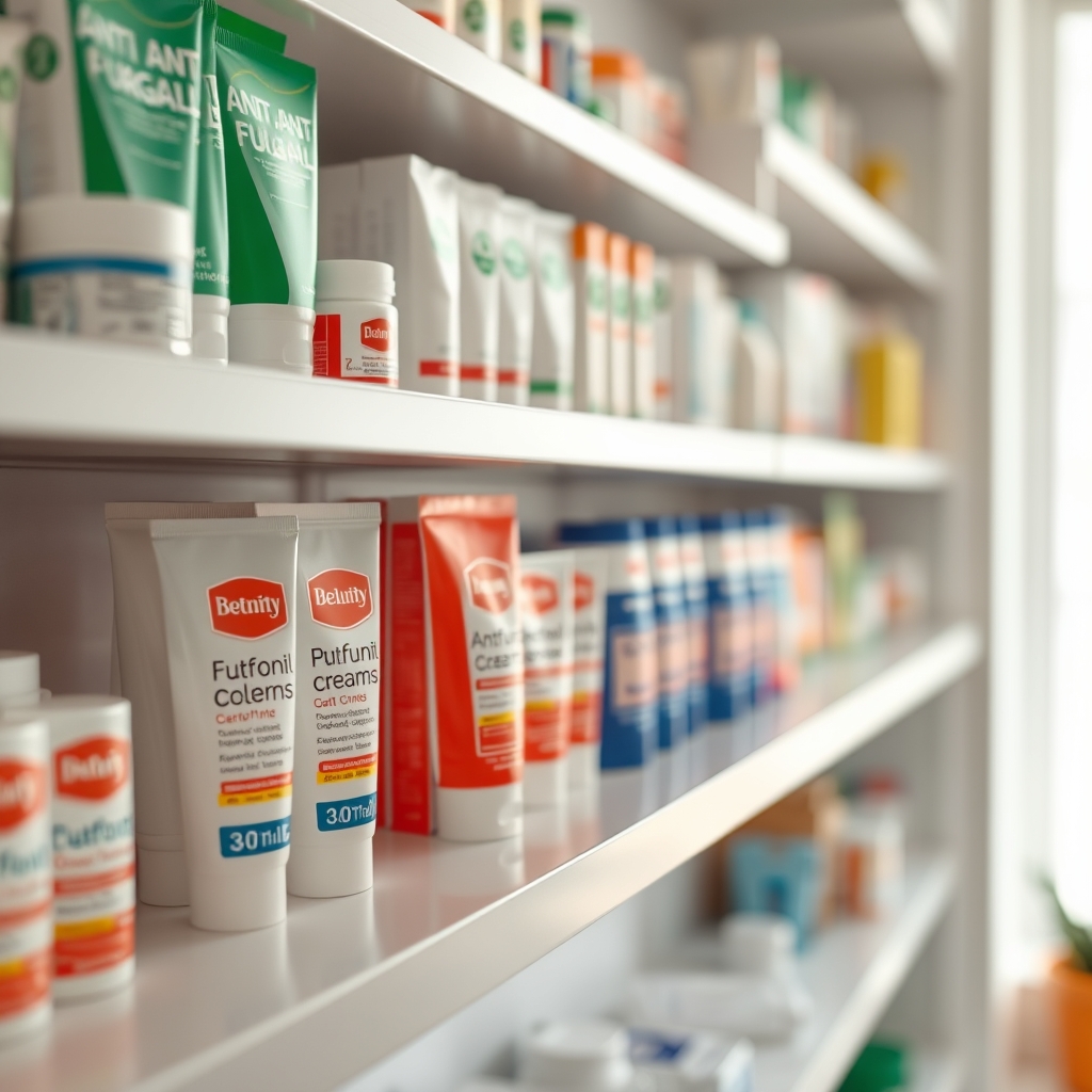 A pharmacy shelf displaying various antifungal creams, including terconazole, clotrimazole, and miconazole, with soft lighting emphasizing the product packaging