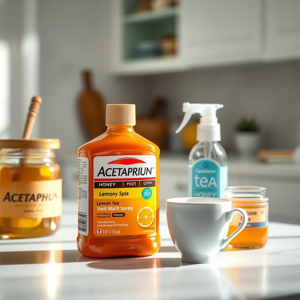 A selection of pregnancy‑friendly cold remedies displayed on a kitchen counter: a bottle of acetaminophen, a jar of honey, a cup of lemon tea, and a nasal saline spray, illustrating safer alternatives to Theraflu for expectant mothers