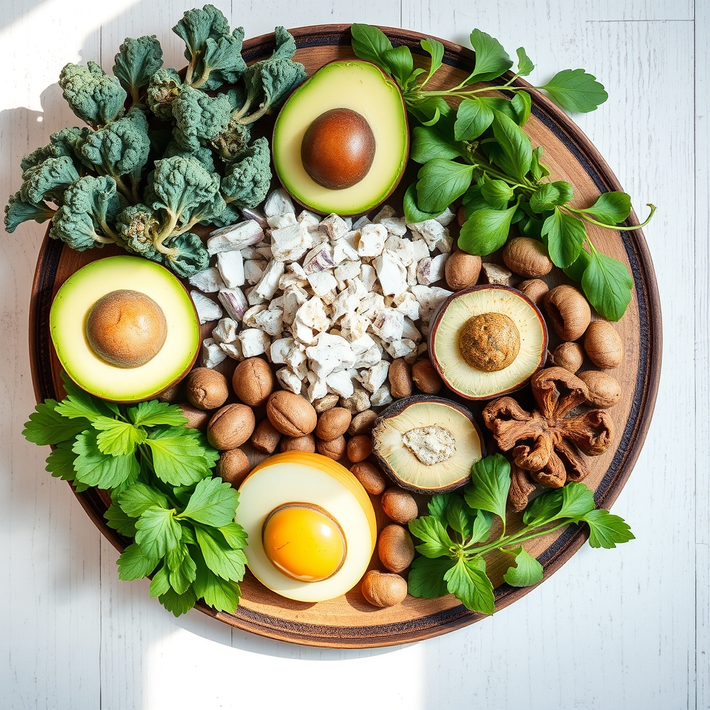 A colorful plate of magnesium‑rich foods—spinach, almonds, avocado, and dark chocolate—arranged on a wooden board