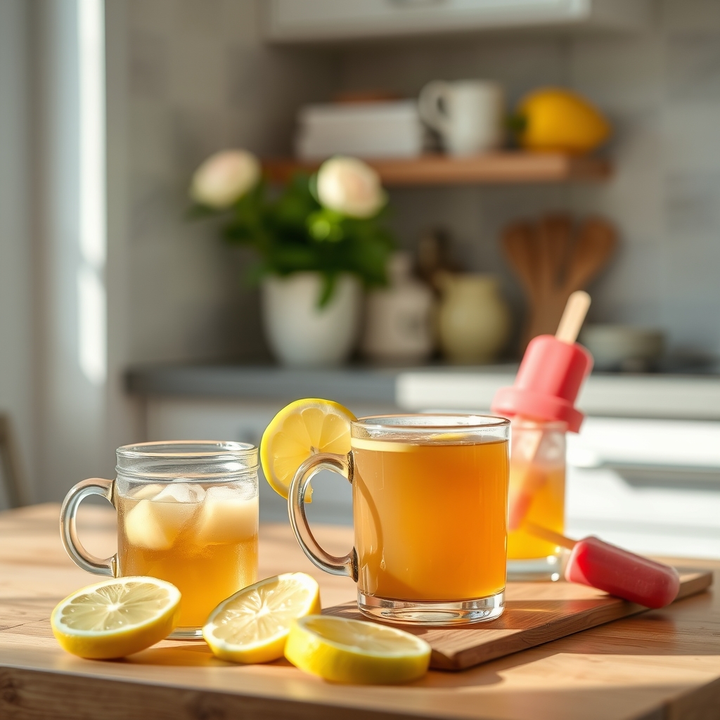 a steaming mug of honey and lemon tea beside a small bowl of popsicles on a cozy kitchen table, conveying soothing home remedies for a sore throat during pregnancy