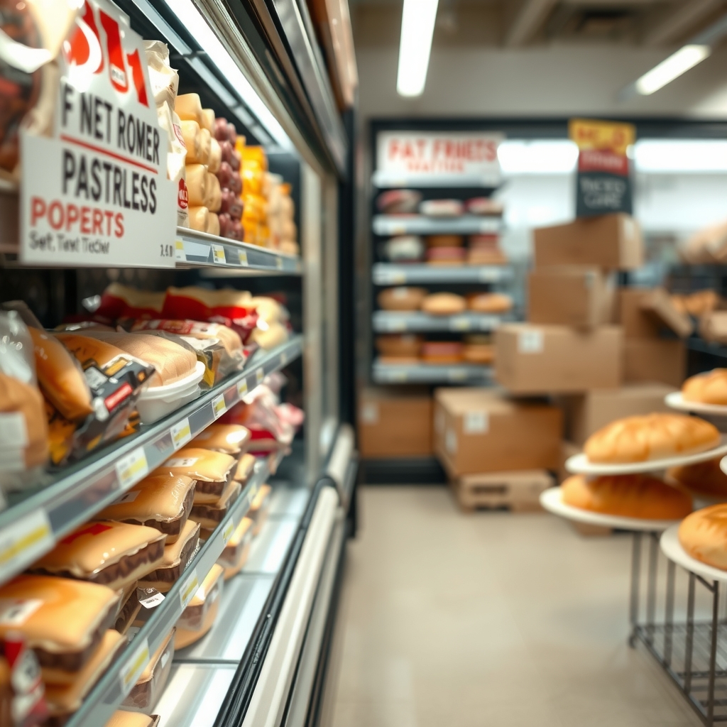 A close‑up of a grocery freezer aisle showing rows of packaged toaster strudel boxes, soft lighting highlighting the product labels